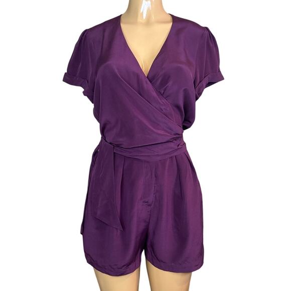 Rory Beca Pants - Rory Beca 100% Silk Purple Wrap Romper Short Sleeve Shorts Size Medium